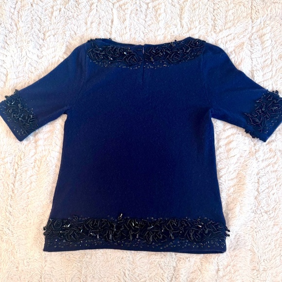 J.Crew Beaded Cashmere Holiday Sweater Top Navy Blue Size Small Y2K Italian Yarn - Picture 2 of 7